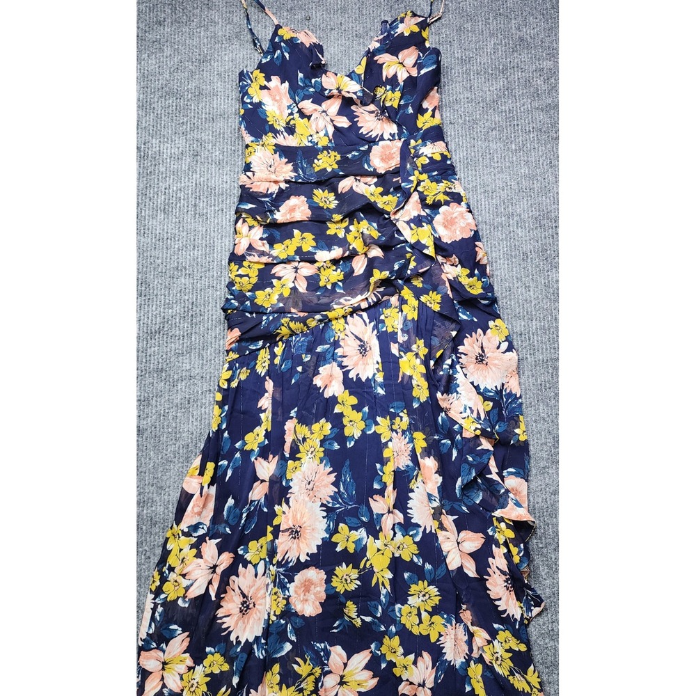 Lulus Stunning Soiree Navy Floral Ruched Midi Dress L NWT Wedding party
